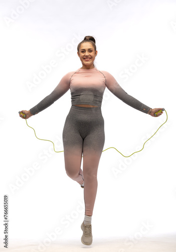 smiling body positive woman performing fitness exercises in full body isolated