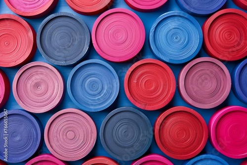 Colorful background of many pink and blue round wooden coasters arranged in a pattern