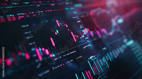 A dynamic stock chart in purple with blue stripes. Digital investment-themed image. The stock chart in neon purple color. Progress of the times.