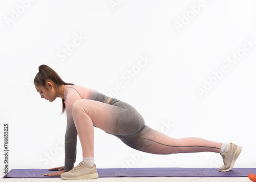 smiling body positive woman performing fitness exercises in full body isolated