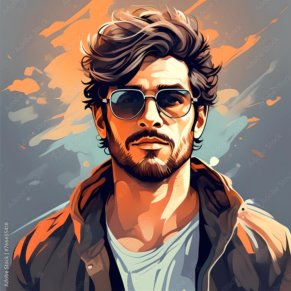 2D vector illustration of a brutal man with a beard and stylish hairstyle wearing glasses and a sweatshirt. 2D vector illustration of a brutal man with a beard and stylish hairstyle wearing glasses and a sweatshirt.