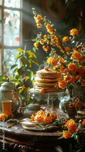 A table with a stack of pancakes and orange flowers. Generative AI.