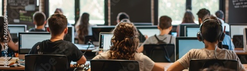 A group of children sitting at computers in a classroom. Generative AI.