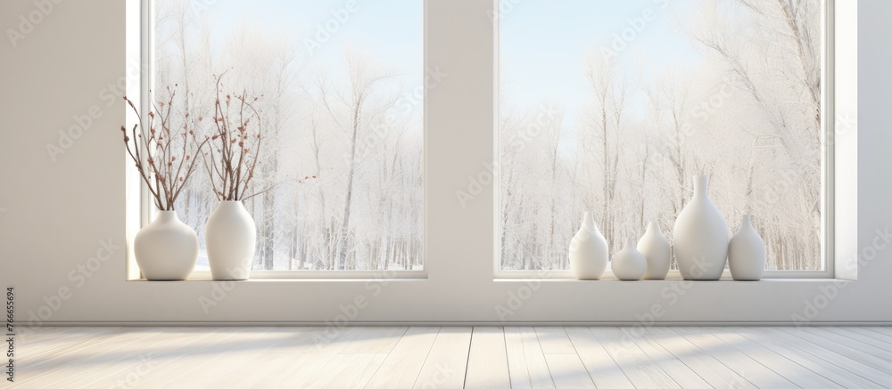 Three elegant vases are placed on a windowsill, beautifully displayed against a serene snowy landscape outside
