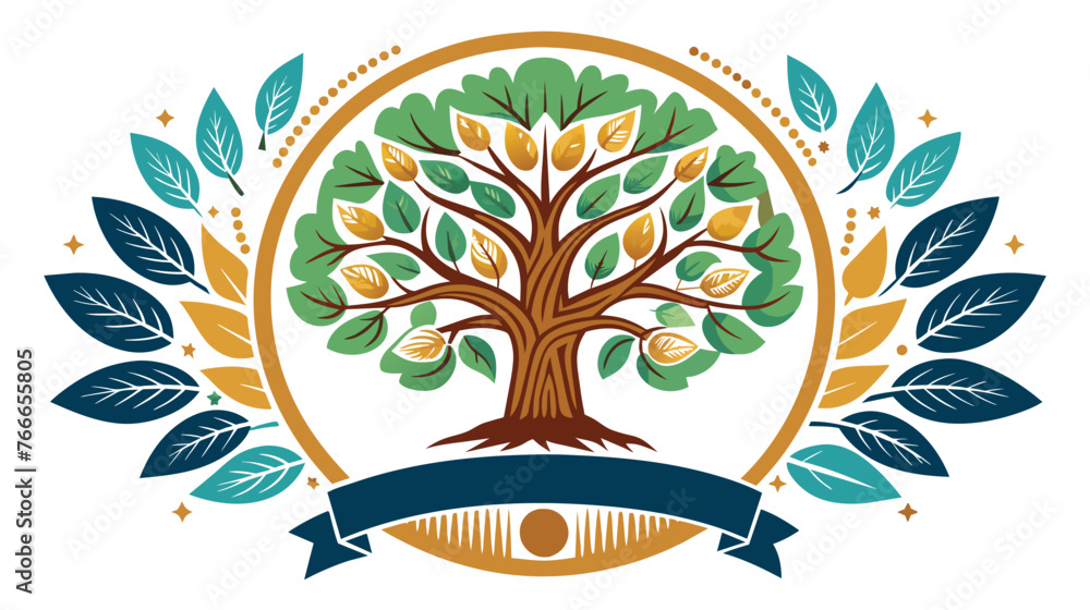 Stylized Tree Emblem With Laurel Wreath and Banner