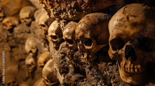 A collection of skulls arranged on a stone wall. The skulls are old and weathered, and the wall is dark and grungy.