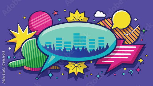 Colorful Vector Illustration of Abstract Conversation and Urban Skyline