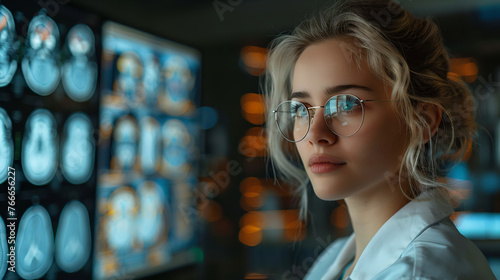 Docteure médecin neurologue, spécialiste du cerveau, devant ses écrans, analyse des données, femme blanche blonde avec des lunettes