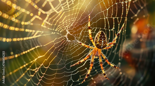 A close-up of a spider on its web in the early morning dew. photo