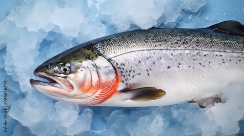 Fresh salmon fish on ice background, close-up top view