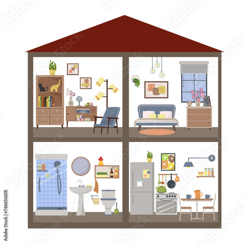 Concept of rooms with furniture. Cross-section of a doll's house in four sections. A lounge room with an armchair, a wardrobe and a nightstand. A bedroom with a window. Kitchen and bathroom with