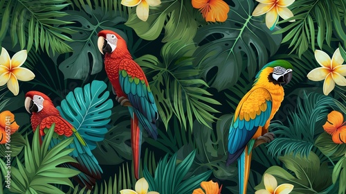                          Seamless exotic pattern with parrots  palm leaves and tropical flowers. Vector illustration.