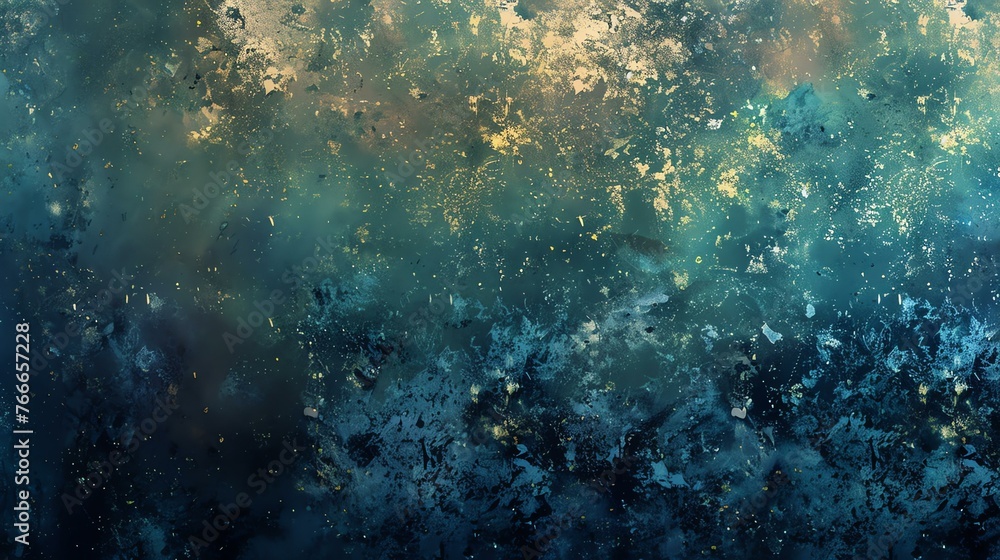 Abstract grunge blue green and gold background. Rough distressed aged texture.