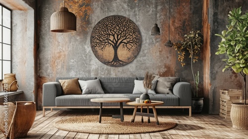 a visually appealing composition showcasing a tree mandala on a muted-colored wall, harmonized with a contemporary sofa.
