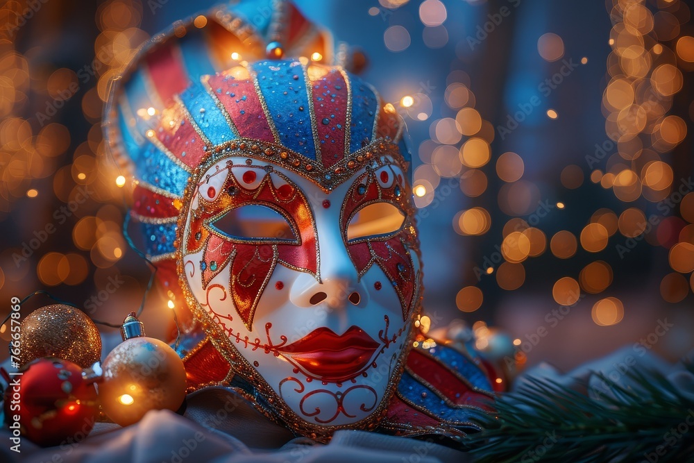 World theater day. Dark still life with theatrical elements, blue carnival mask contrasts with Christmas decorations on a table at a public event