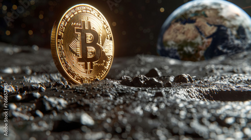 Bitcoin on the lunar surface, Earth and space in the background. Bitcoin dominance in global finance. Crypto to the Moon.