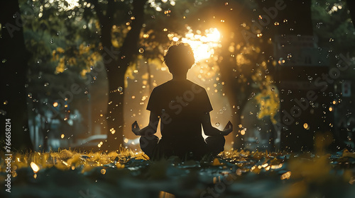 Homme black noir méditation zen dans la nature, faune et flore, position yoga, réflexion et perception des éléments © MATTHIEU