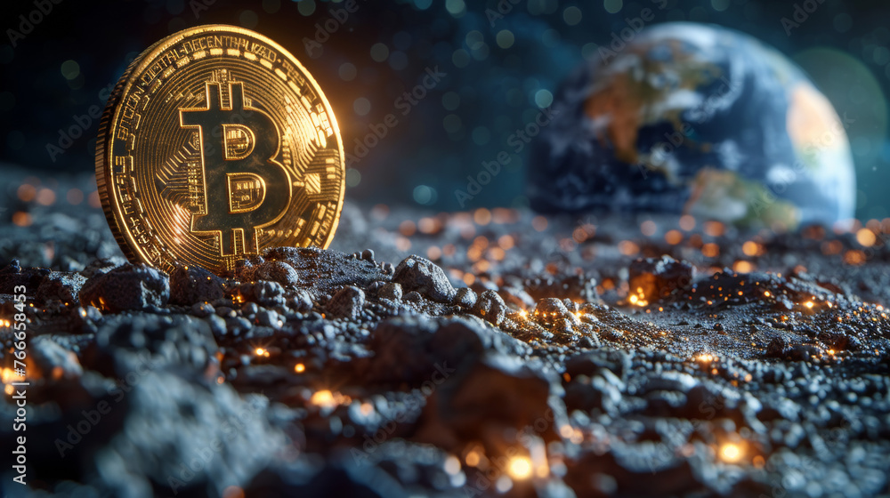 Bitcoin on the lunar surface, Earth and space in the background. Bitcoin dominance in global finance. Crypto to the Moon. - obrazy, fototapety, plakaty 