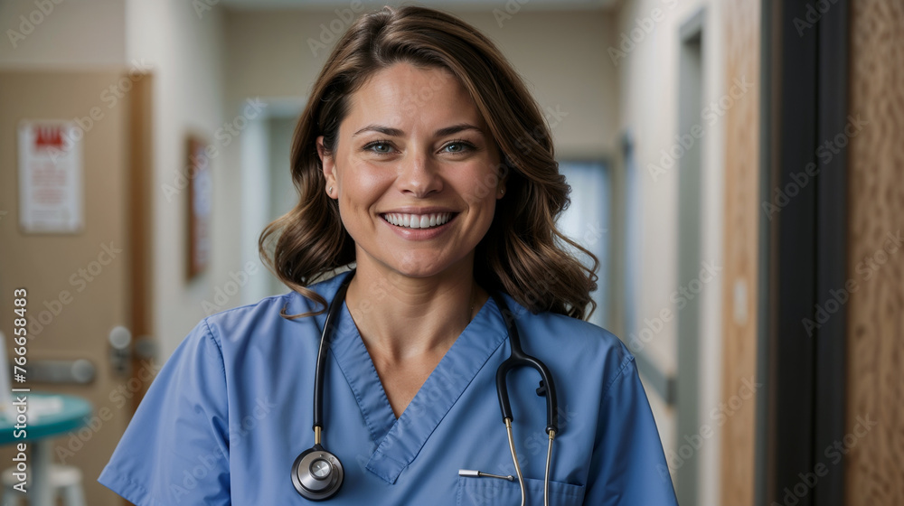 Smiling Female Nurse in Blue Scrubs With Stethoscope in Hospital Corridor Smiling Female Nurse in Blue Scrubs With Stethoscope in Hospital Corridor