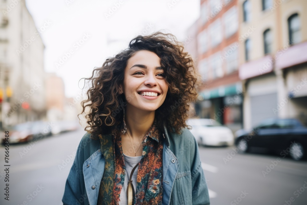 Portrait of a beautiful young woman with curly hair in the city