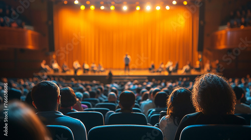 Image from behind of an audience member watching a person giving a speech on stage in a large venue.