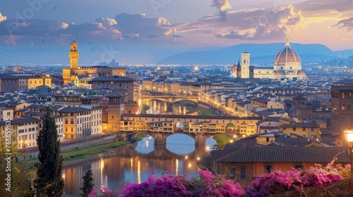 Surreal painting of Ponte Vecchio over the Arno river and Florence Landscape in Italy.