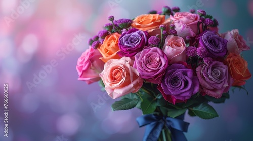 Bouquet of colorful rainbow colored roses decorated with blue silky ribbon tie isolated on lilac background with copy space  concept of birthday  Valentine  Christmas  pride  mother s day celebration
