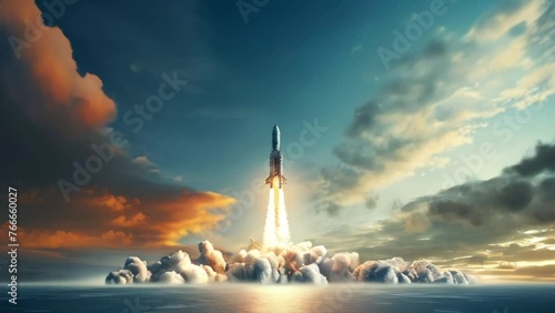 Rocket launch from Earth. Rocket ascending over sea at sunrise with dramatic clouds photo