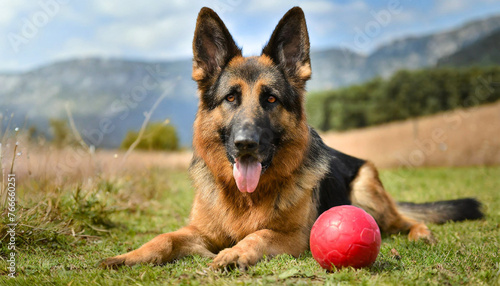 Cane pastore tedesco seduto in un campo con la sua pallina rossa photo
