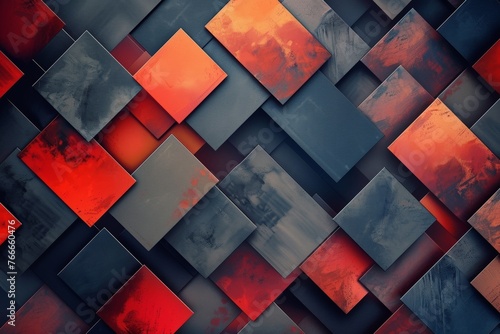 Abstract pattern of overlapping angular squares in shades of grey, red and orange photo