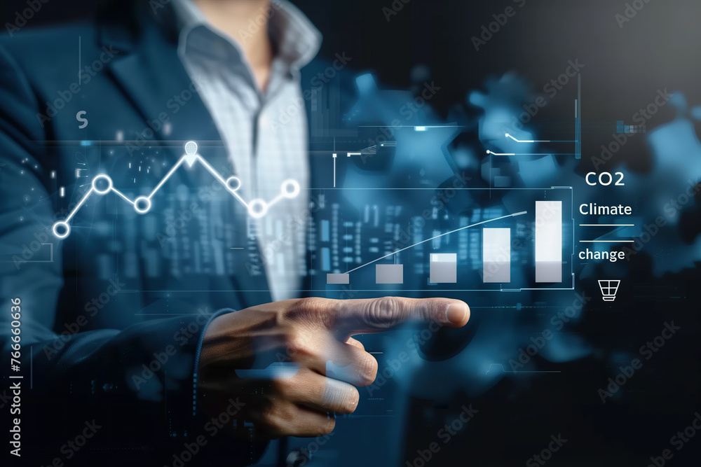 Reduce CO2 emissions concept. Climate change to limit global warming and sustainable development and green business. Businessman touching carbon reduction icon on virtual screen Reduce CO2 emissions concept. Climate change to limit global warming and sustainable development and green business. Businessman touching carbon reduction icon on virtual screen