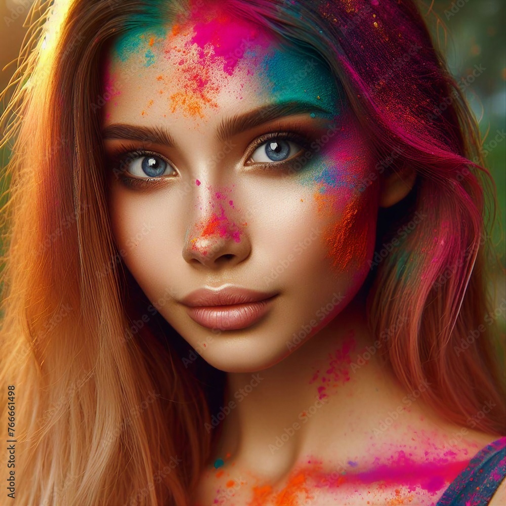 Female with Colorful Holi Makeup: Beautiful Fashion Model with Creative Art Makeup, Abstract Colorful Splash Makeup for Holi Festival