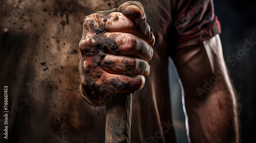 Captivating Image of a Strong Hand Gripping a Weathered Ax - A Symbol of Determination and Resilience © Kyle