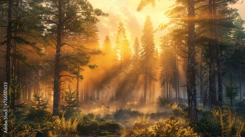Embrace the warmth of rustic pine  illuminated by the gentle rays of sunset.