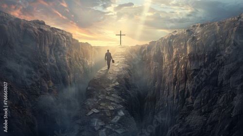 Lone man crosses a narrow path towards the Cross leaving money behind. Spiritual fulfillment and Christian Easter concept. photo