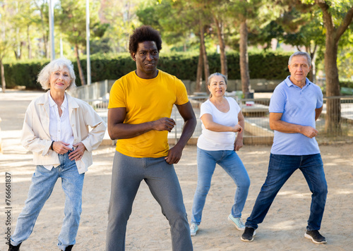 Group of cheerful mixed-race and various aged adult people doing aerobics and working out at park on sunny day © JackF