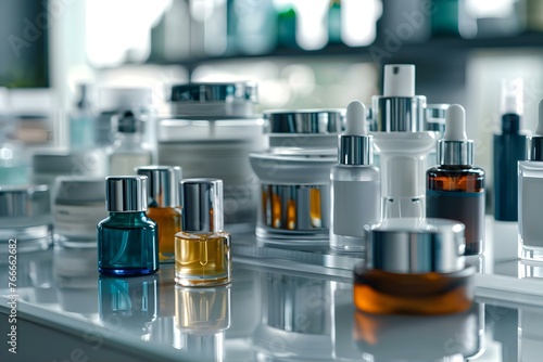 Various skincare products in jars and bottles shown in close-up. Concept Skincare products, Close-up shots, Jars and bottles, Beauty routine, Personal care