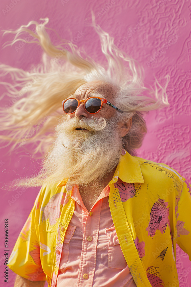 A portrait of an elderly fashion model, with hair and beard flying in the wind, showing a sense of style and the concept of aging gracefully. A portrait of an elderly fashion model, with hair and beard flying in the wind, showing a sense of style and the concept of aging gracefully.