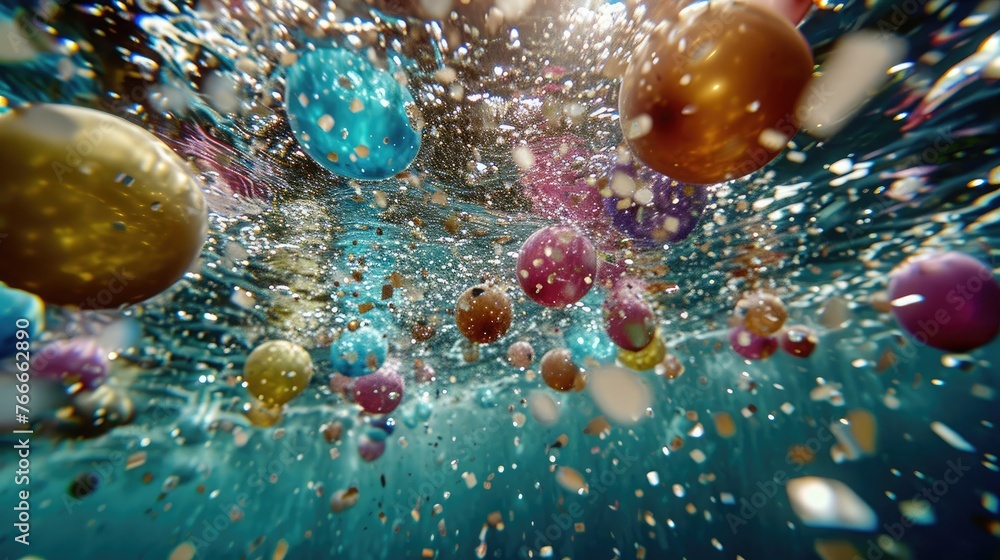 From the water's surface, the camera reveals the enchanting dance of confetti and balloons, a celebration beneath the surface.