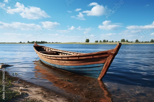 Old wooden boat on the shore of a mountain lake in the morning
