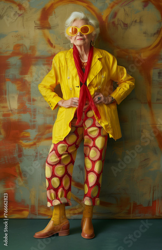 Colorful, vibrant photo of fashion-forward attire blending bold patterns and a vintage flair, showcasing quirkiness and personal style. Fashionable grandmother.