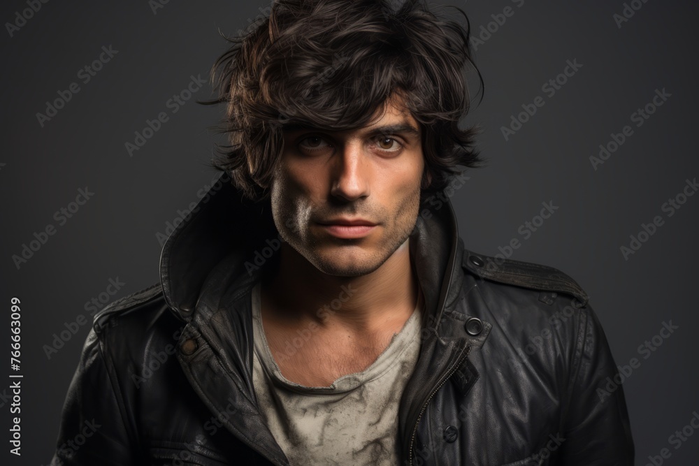 Portrait of a handsome young man in a leather jacket over dark background Portrait of a handsome young man in a leather jacket over dark background