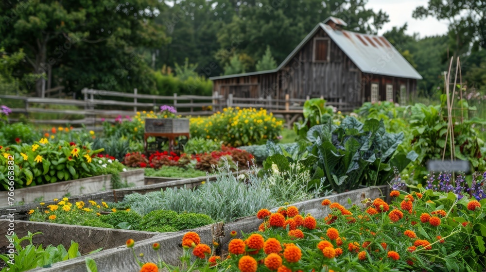 Fototapeta premium Farmhouse Gardens Cinematic shots of farmhouse gardens bursting with vibrant flowers herbs and vegetables providing beAI generated illustration