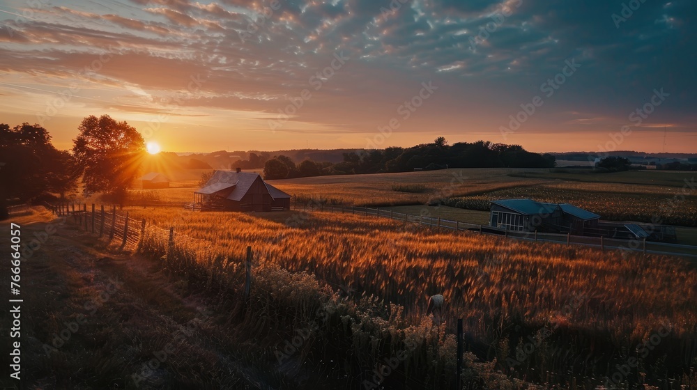 Morning Sunrise on the Farm Cinematic shots capturing the first light of dawn over the farm illuminating the fields an AI generated illustration