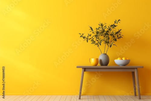 Yellow wall with vases and wooden bench. 3d render.
