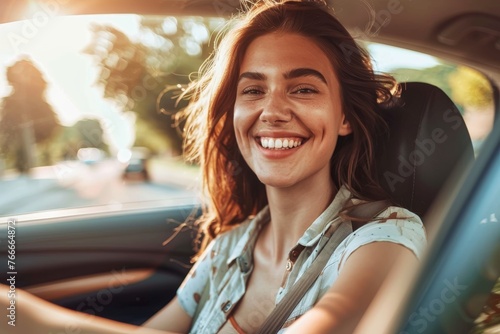 Happy woman smiling in car driving