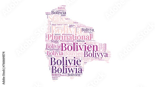 Bolivia shape word cloud animation. Country boundary filled with country names animated. Bolivia presentation video. photo