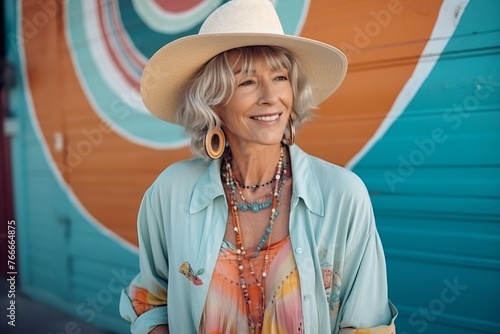 Portrait of happy senior woman in hat standing with arms crossed against colourful background