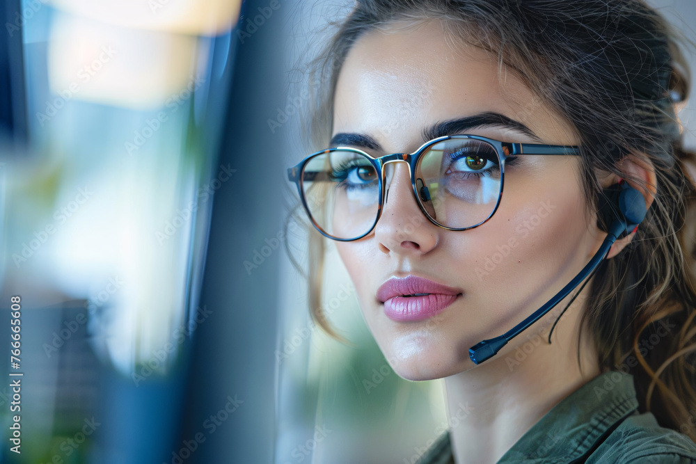 Woman wearing headset with microphone in telecommunications, CRM or office for customer service. Woman wearing headset with microphone in telecommunications, CRM or office for customer service.