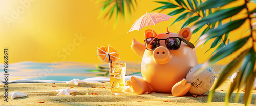 A pig is sitting on the beach with a drink and sunglasses on. Beach vacation. © Chebix